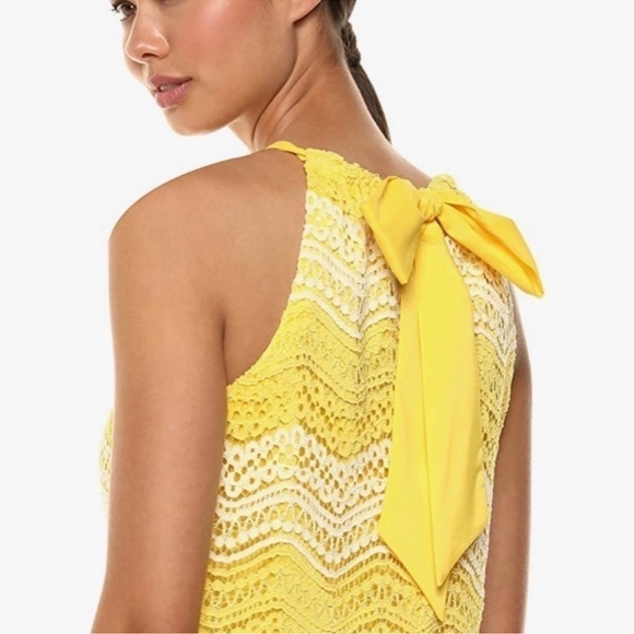 Like New Trina Turk yellow & white lace Bow Halter dress Large - Picture 2 of 14